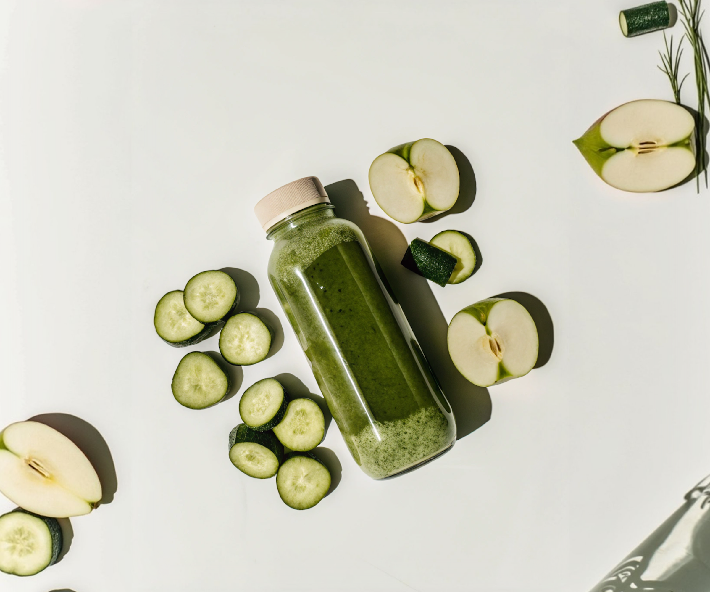 Green juice with cucumber and green apple as part of a skin-supportive diet