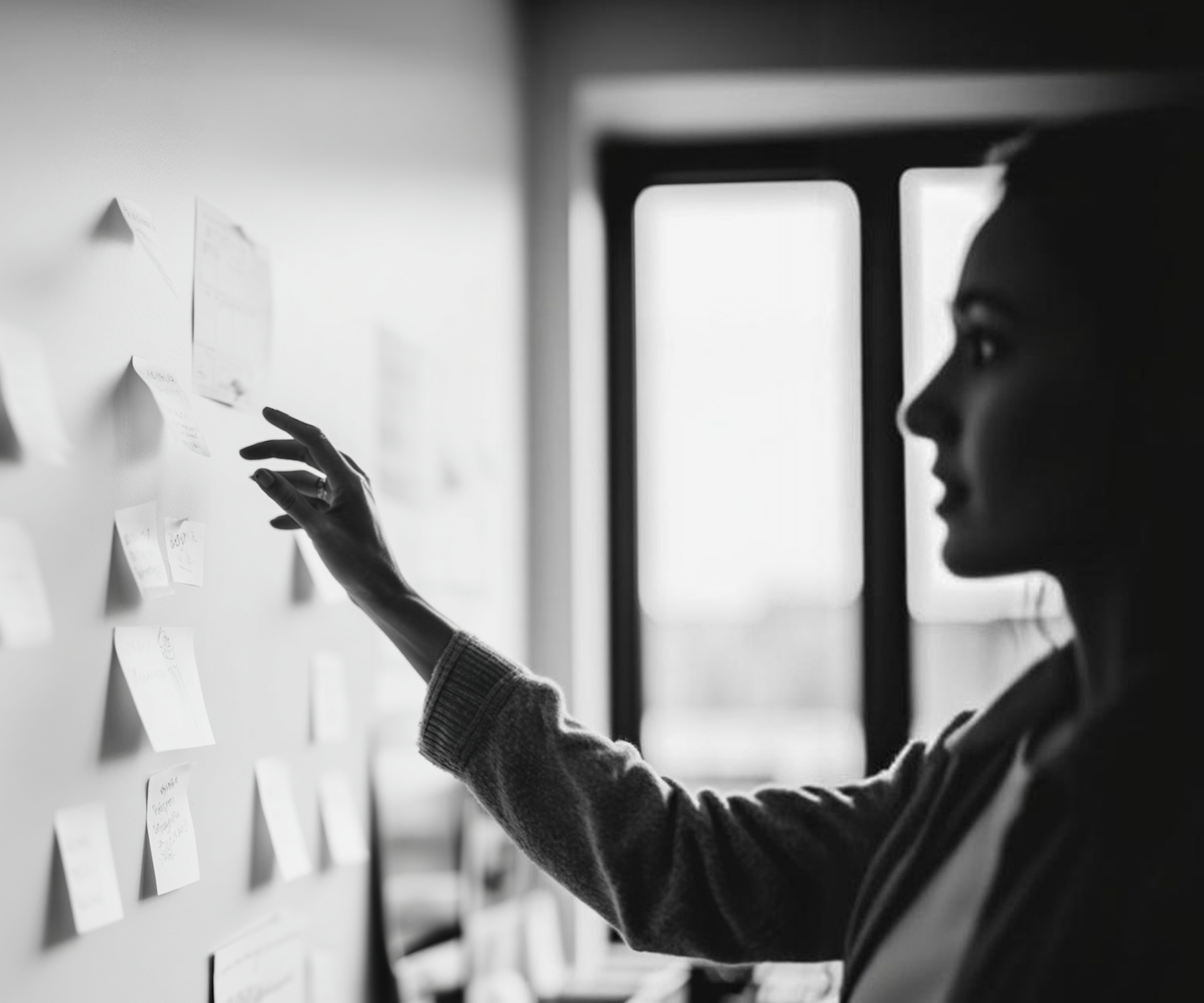 Person organizing thoughts on a wall of notes