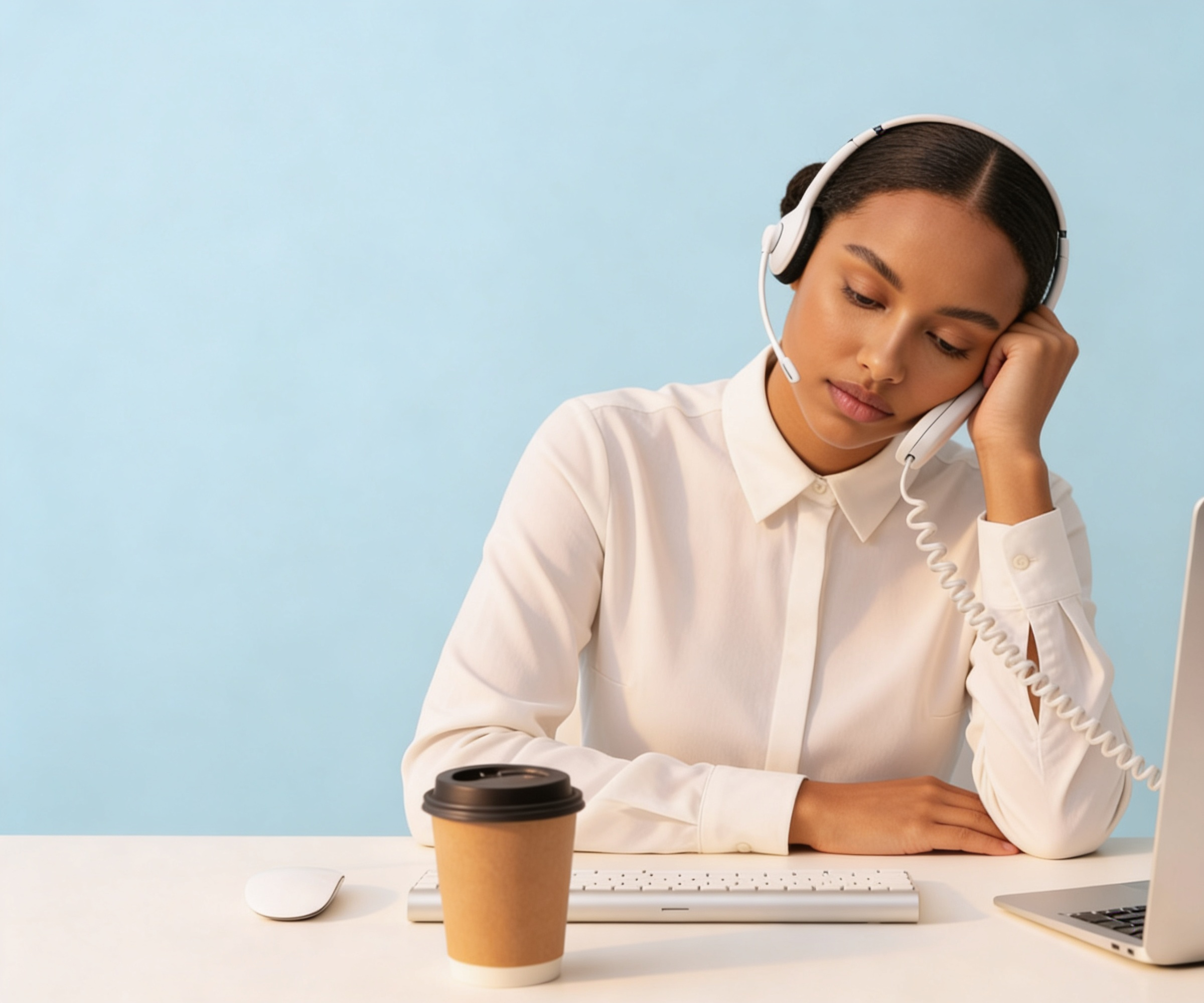 Tired desk worker with coffee at work